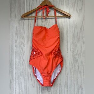 Venus Women's Orange Halter Strap Applique Bandeau One Piece Swimsuit Size 6 EUC
